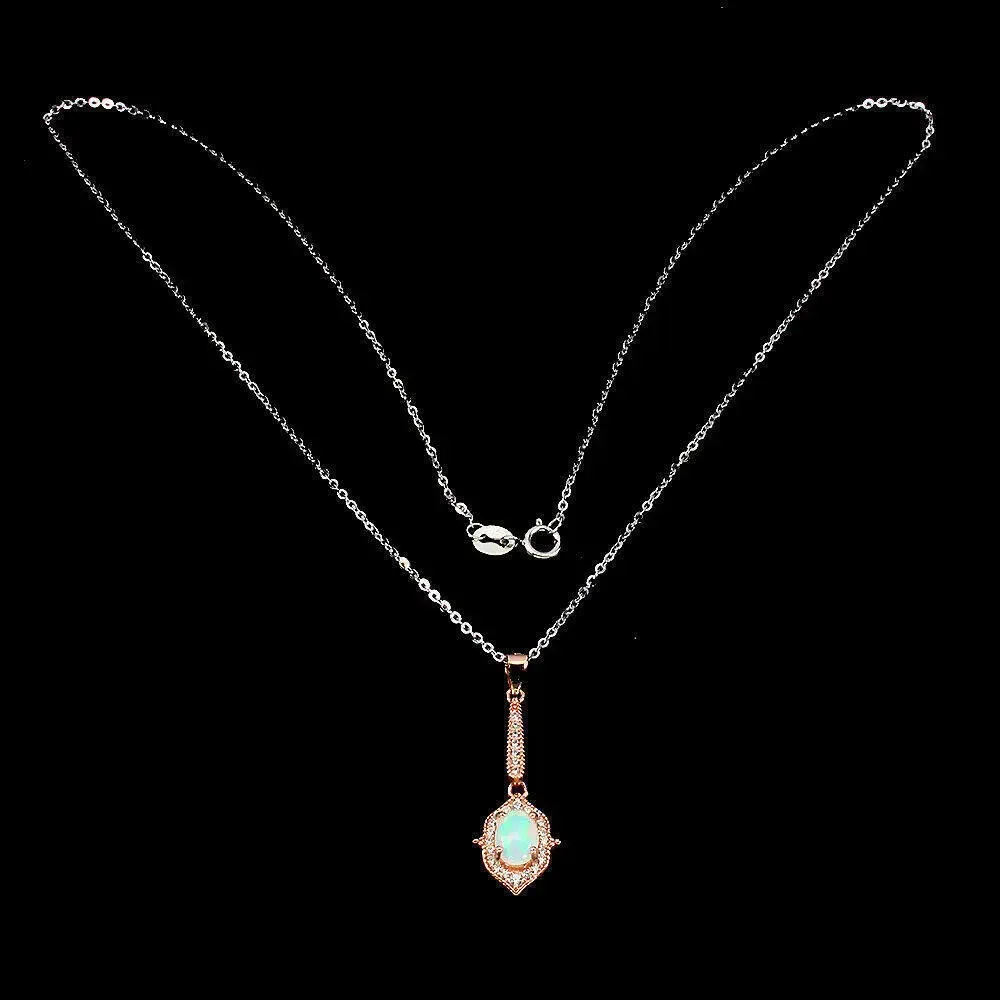 Unheated Oval Fire Opal Rainbow 7x5mm Simulated Cz 925 Sterling Silver Necklace